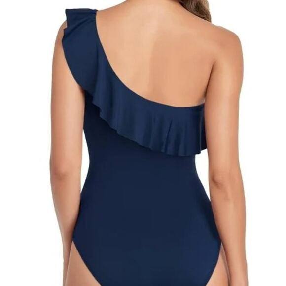 Mycoco Brand Women's Size 8 One Shoulder Ruched Ruffle Monokini Swimsuit Navy - Picture 2 of 6